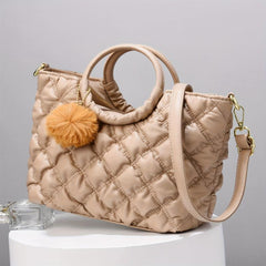 Quilted Crossbody Bag Pompom Decor Tote Bag for Women