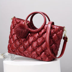 Quilted Crossbody Bag Pompom Decor Tote Bag for Women