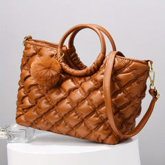 Quilted Crossbody Bag Pompom Decor Tote Bag for Women