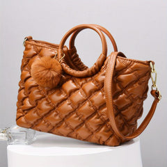 Quilted Crossbody Bag Pompom Decor Tote Bag for Women