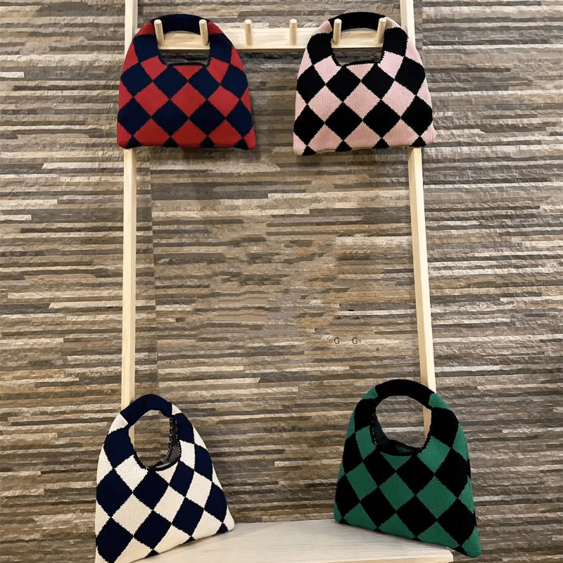 Argyle Pattern Crochet Bag Women's Top Handle Purse Woven Satchel Bag