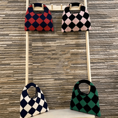 Argyle Pattern Crochet Bag Women's Top Handle Purse Woven Satchel Bag