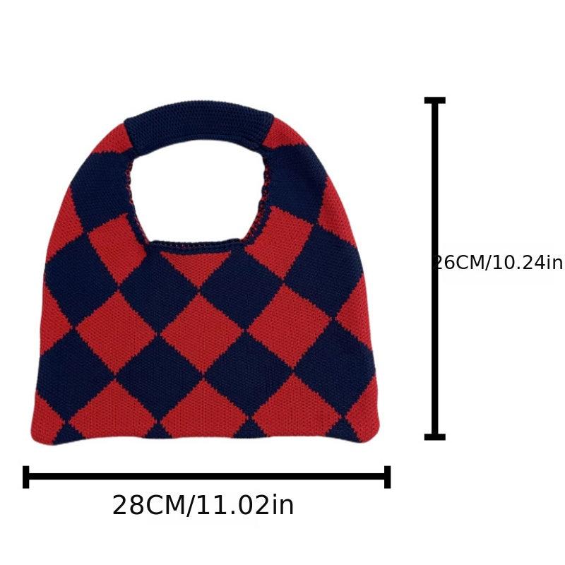 Argyle Pattern Crochet Bag Women's Top Handle Purse Woven Satchel Bag