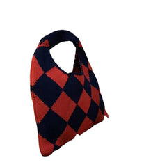 Argyle Pattern Crochet Bag Women's Top Handle Purse Woven Satchel Bag