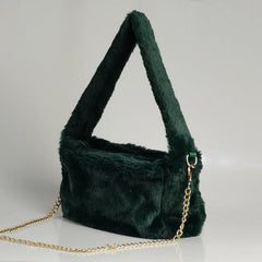 Metal Chain Crossbody Handbag Furry Textured Tote Bag Purse