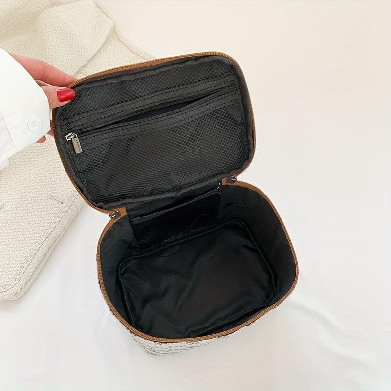 Stylish Double Zipper Mesh Handbag Top Handle PU Leather Durable Handbag
