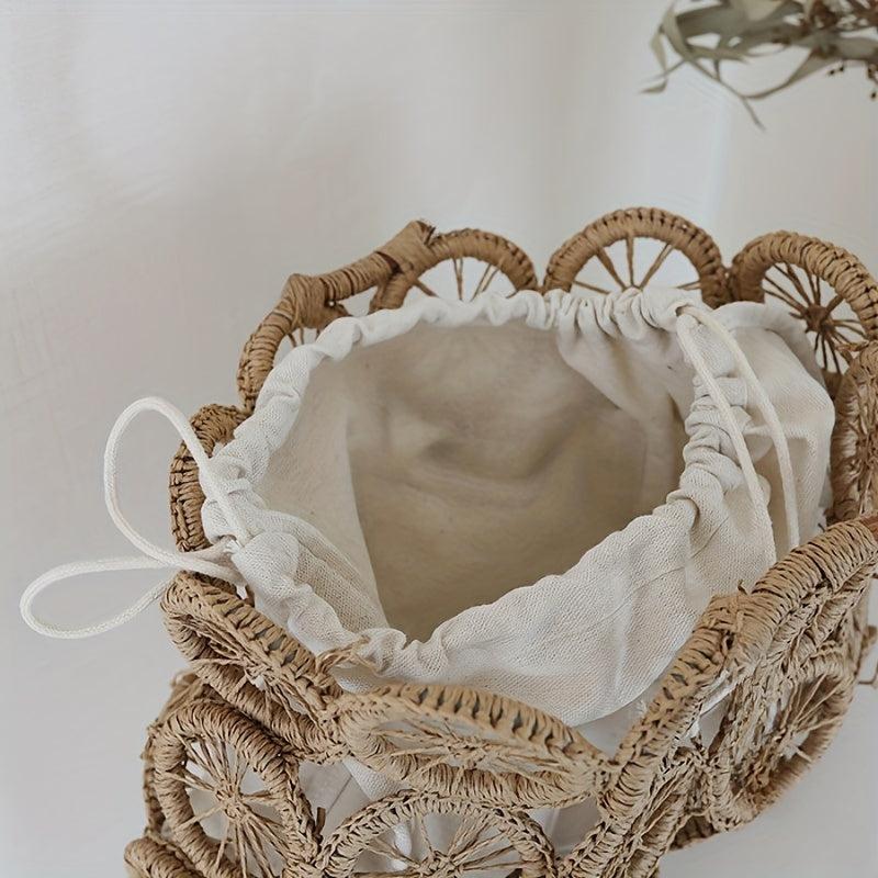 Straw Woven Beach Handbag Square Drawstring Bag Women's Summer Essentials
