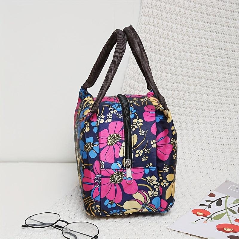 Floral Lunch Box Bag Nylon Handbag for Travel Picnic Work