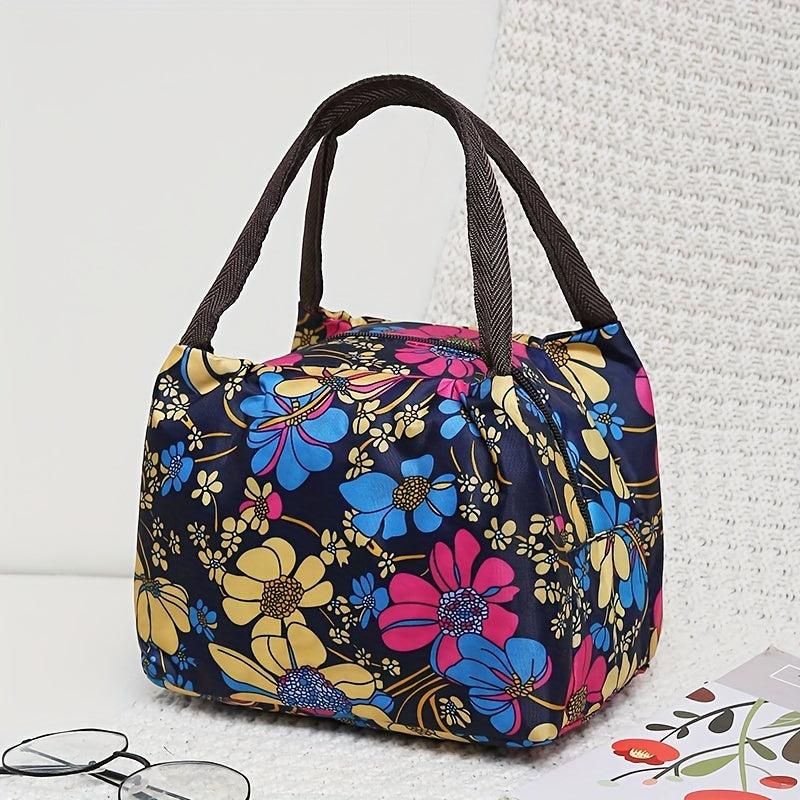 Floral Lunch Box Bag Nylon Handbag for Travel Picnic Work