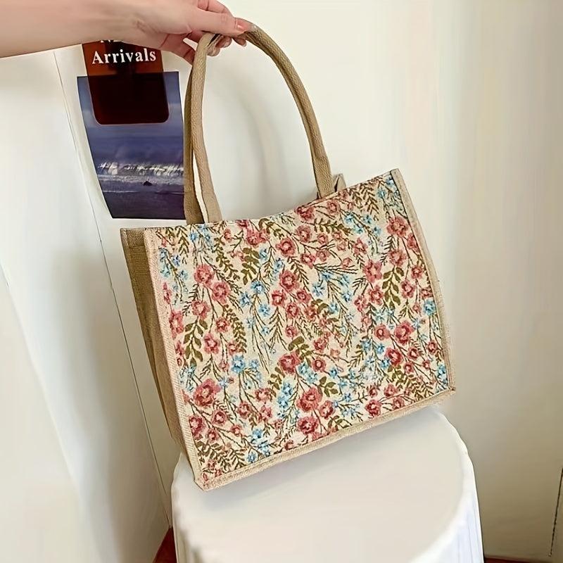 Flower Pattern Canvas Tote Bag Large Capacity Casual Handbag