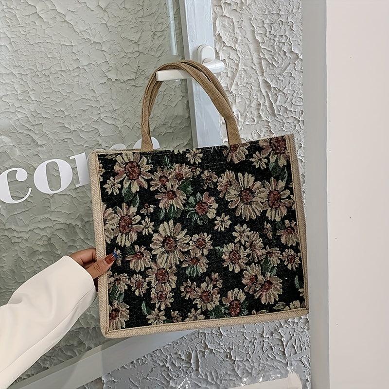Flower Pattern Canvas Tote Bag Large Capacity Casual Handbag