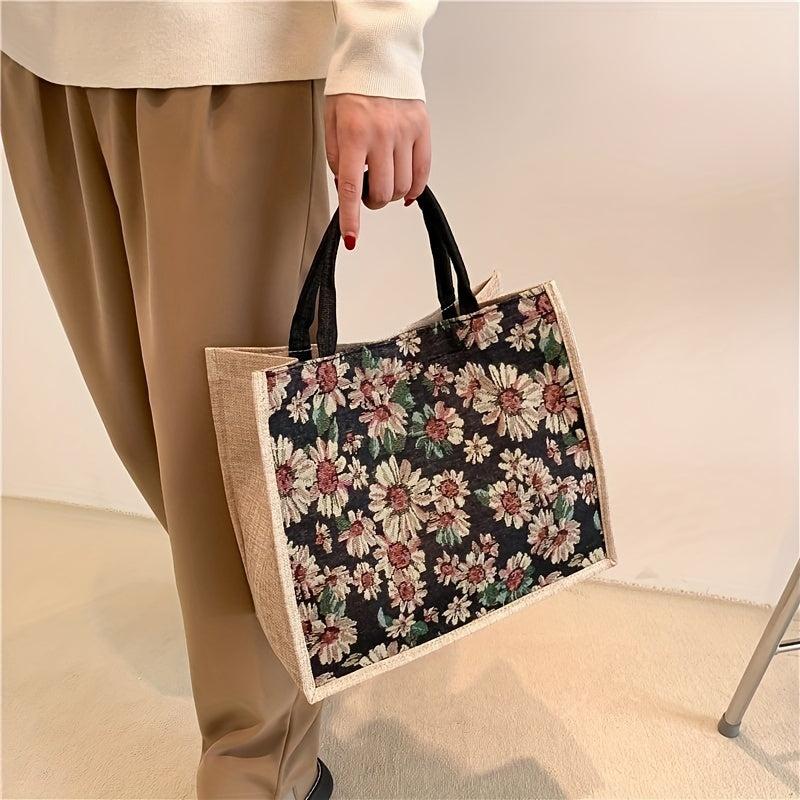 Flower Pattern Canvas Tote Bag Large Capacity Casual Handbag