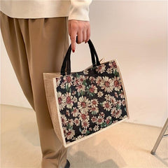 Flower Pattern Canvas Tote Bag Large Capacity Casual Handbag
