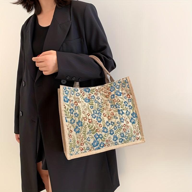 Flower Pattern Canvas Tote Bag Large Capacity Casual Handbag
