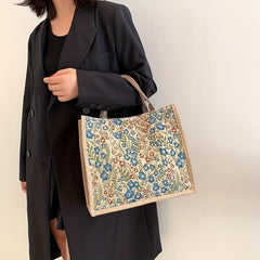 Flower Pattern Canvas Tote Bag Large Capacity Casual Handbag