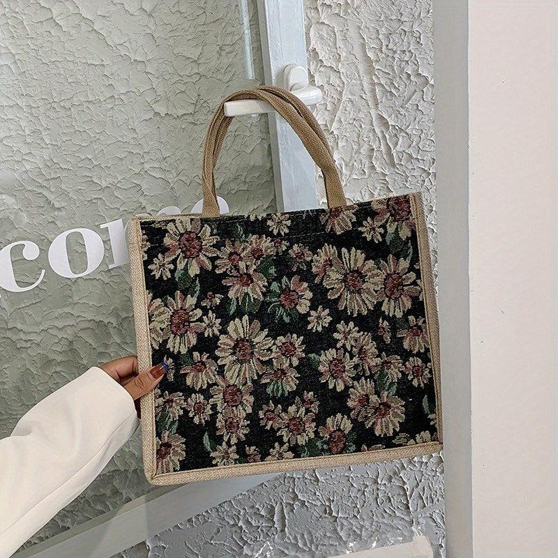 Flower Pattern Canvas Tote Bag Large Capacity Casual Handbag