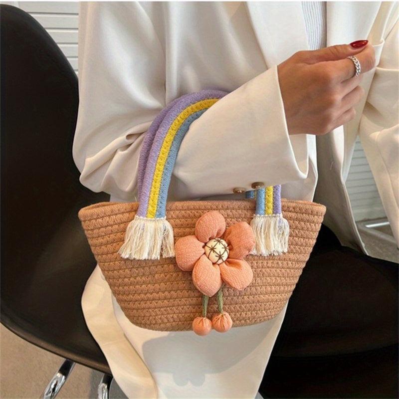 Straw Flower Handbag Candy Bucket Bag for Women & Girls