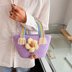 Straw Flower Handbag Candy Bucket Bag for Women & Girls