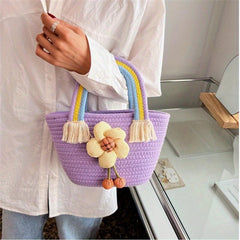Straw Flower Handbag Candy Bucket Bag for Women & Girls