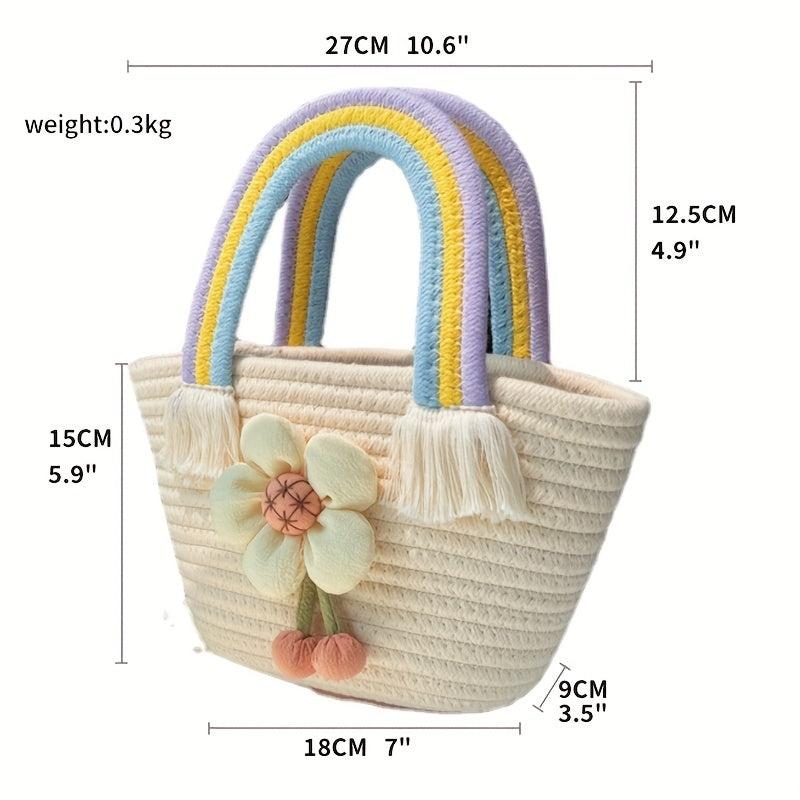 Straw Flower Handbag Candy Bucket Bag for Women & Girls