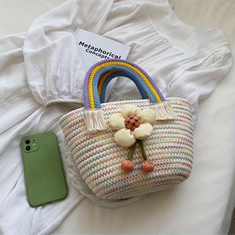 Straw Flower Handbag Candy Bucket Bag for Women & Girls