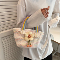 Straw Flower Handbag Candy Bucket Bag for Women & Girls