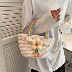 Straw Flower Handbag Candy Bucket Bag for Women & Girls