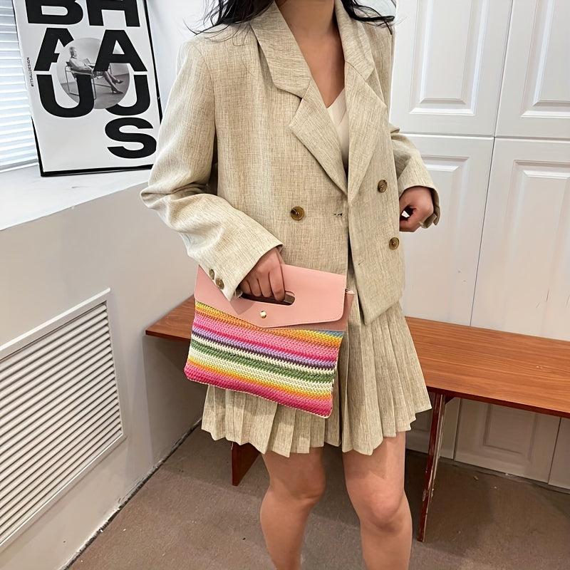 Rainbow Stripes Straw Bag Women Summer Woven Handbag