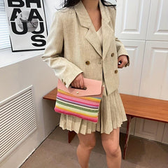 Rainbow Stripes Straw Bag Women Summer Woven Handbag