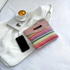 Rainbow Stripes Straw Bag Women Summer Woven Handbag