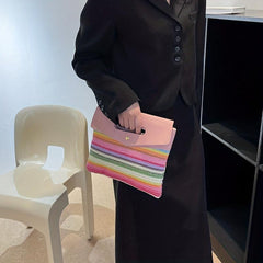 Rainbow Stripes Straw Bag Women Summer Woven Handbag