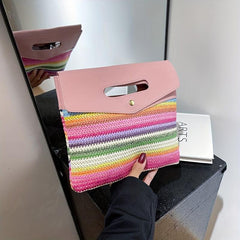 Rainbow Stripes Straw Bag Women Summer Woven Handbag