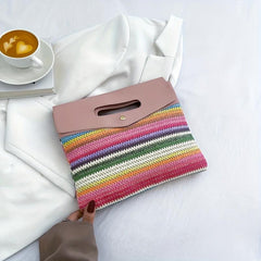 Rainbow Stripes Straw Bag Women Summer Woven Handbag