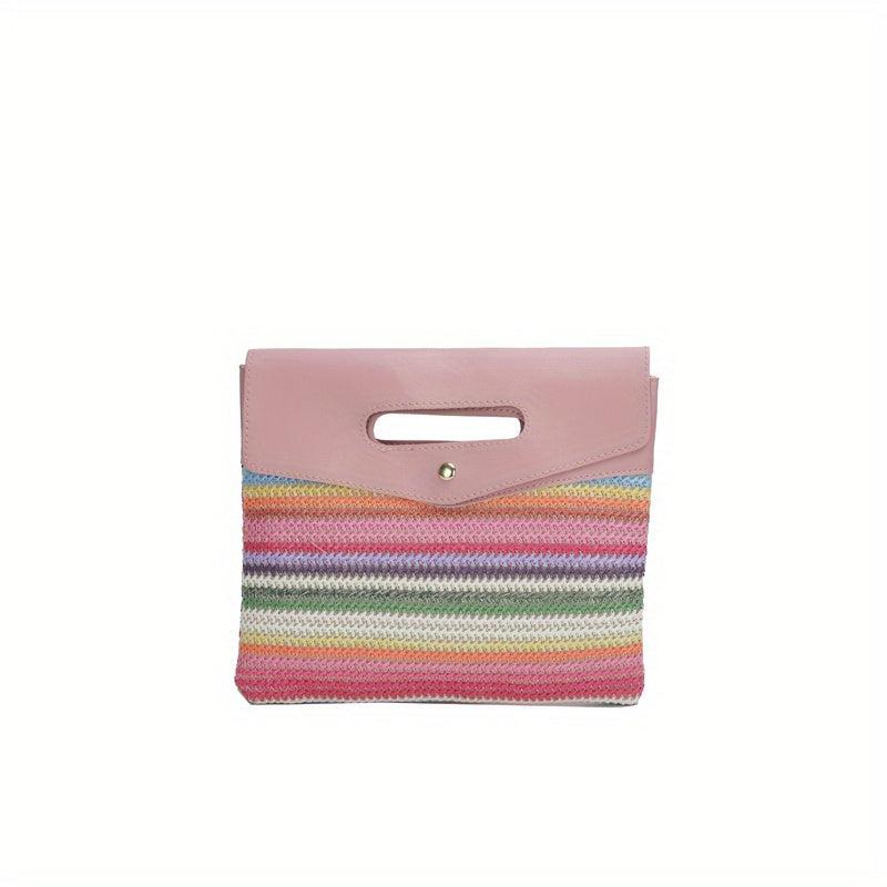 Rainbow Stripes Straw Bag Women Summer Woven Handbag