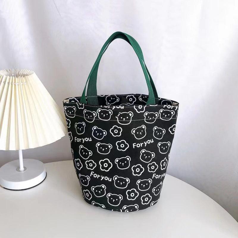Cartoon Bear Print Canvas Handbag Portable Bucket Storage Bag