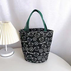 Cartoon Bear Print Canvas Handbag Portable Bucket Storage Bag