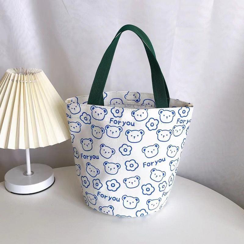 Cartoon Bear Print Canvas Handbag Portable Bucket Storage Bag
