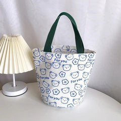 Cartoon Bear Print Canvas Handbag Portable Bucket Storage Bag