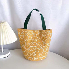Cartoon Bear Print Canvas Handbag Portable Bucket Storage Bag