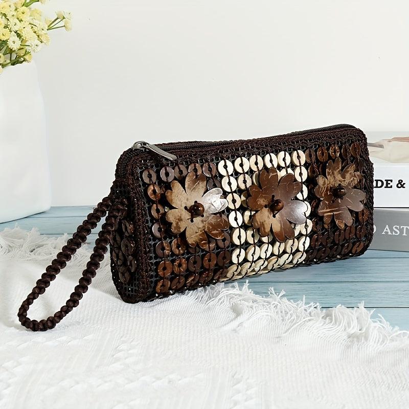 Vintage Bead Straw Bag Bohemian Coin Purse Zipper Wallet