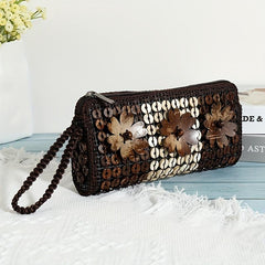 Vintage Bead Straw Bag Bohemian Coin Purse Zipper Wallet