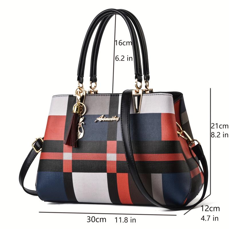 Large Capacity Double Handle Tote Bag Plaid Pattern Shoulder Bag Crossbody Bag