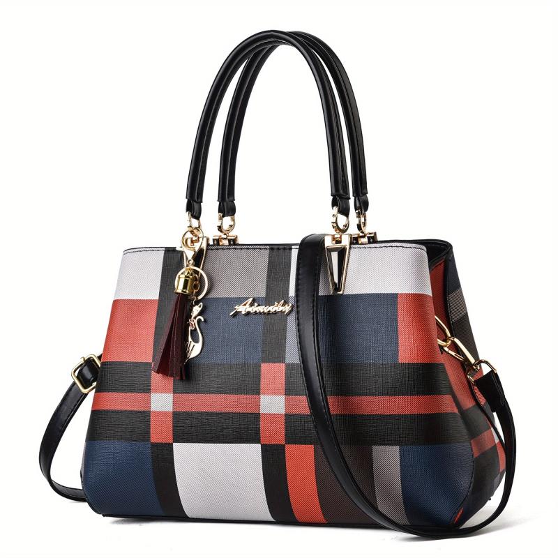 Large Capacity Double Handle Tote Bag Plaid Pattern Shoulder Bag Crossbody Bag