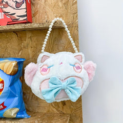 Cute Cartoon Cate Plush Handbag with Bow Tie & Faux Pearl Decor