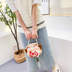 Cute Cartoon Cate Plush Handbag with Bow Tie & Faux Pearl Decor
