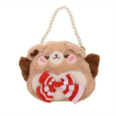 Cute Cartoon Cate Plush Handbag with Bow Tie & Faux Pearl Decor