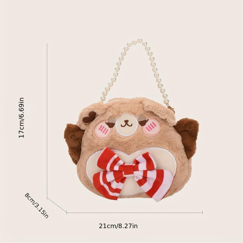 Cute Cartoon Cate Plush Handbag with Bow Tie & Faux Pearl Decor