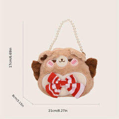 Cute Cartoon Cate Plush Handbag with Bow Tie & Faux Pearl Decor