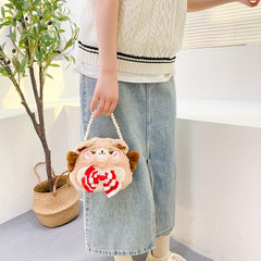 Cute Cartoon Cate Plush Handbag with Bow Tie & Faux Pearl Decor