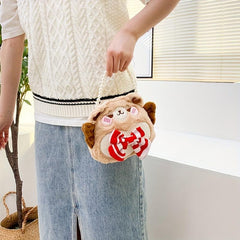 Cute Cartoon Cate Plush Handbag with Bow Tie & Faux Pearl Decor
